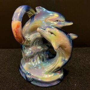 Vintage Dolphins Swimming Through Hoop Iridescent Rainbow Lusterware Figurine